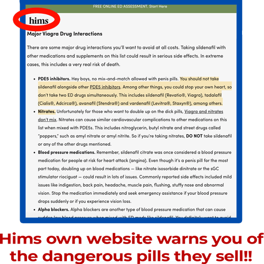 Hims own website warns of the dangerous pills they sell